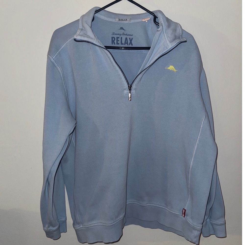 Tommy Bahama Relax Mens XL Light Blue Ribbed 100% Cotton Quarter Zip Pullover